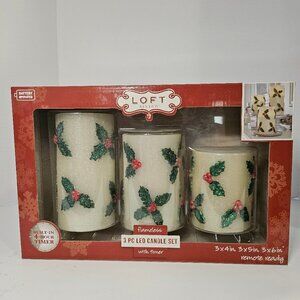 Loft Living Holly Berry Glittered 3 Piece LED Pillar Flameless Candle Set
